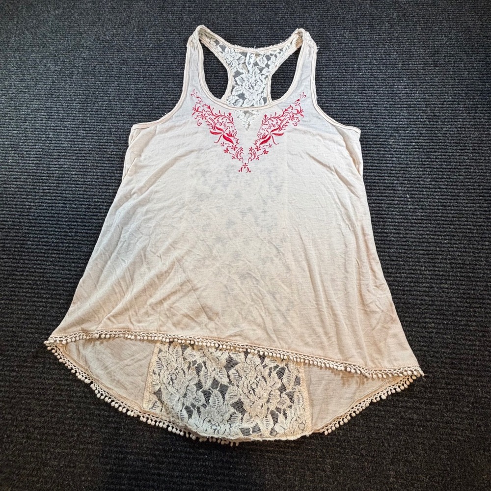 Others Follow Lace Back‎ Embroidered Pom Pom Trim Tank Top Beige Red size large